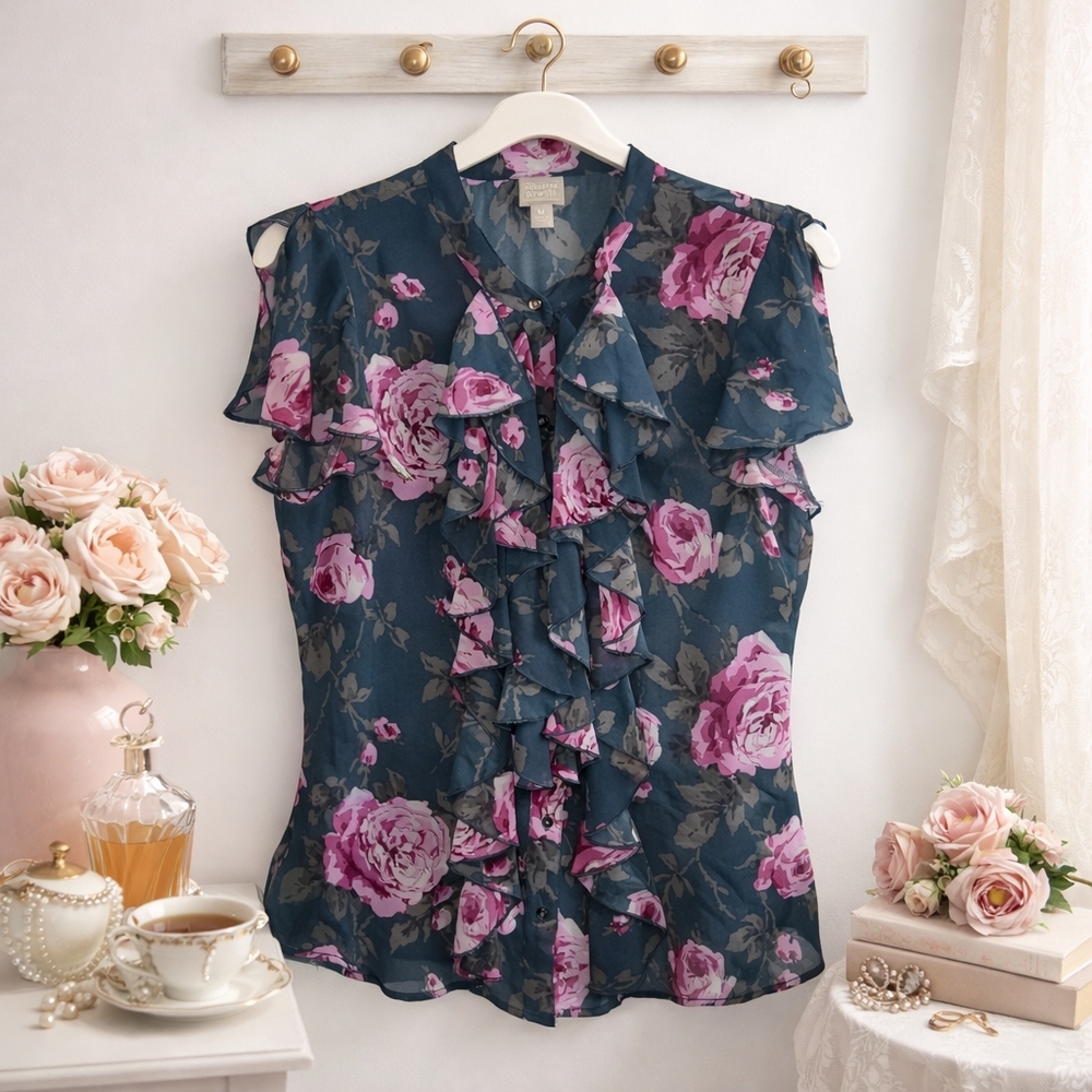 Converse One Star Floral Ruffle Chiffon Blouse Sheer Romantic Top M